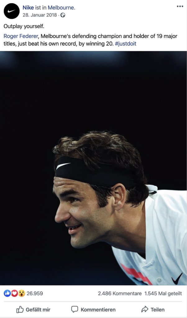 Social Media Content Idee: Nike Post auf Facebook über den erneutes Sieg des Tennisspielers Roger Federer