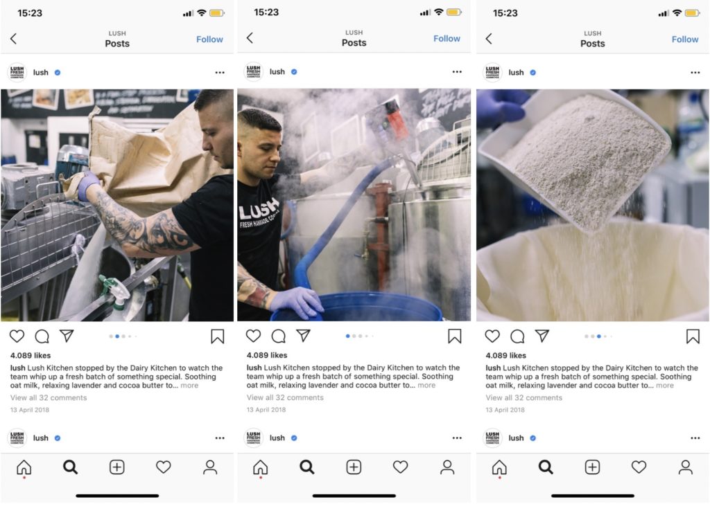 Social Media Content Idee: Der Post von Lush auf Instagram gibt Einblicke in die Produktion.