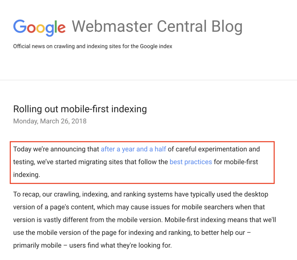 Google Ankündigung zum Update Mobile first