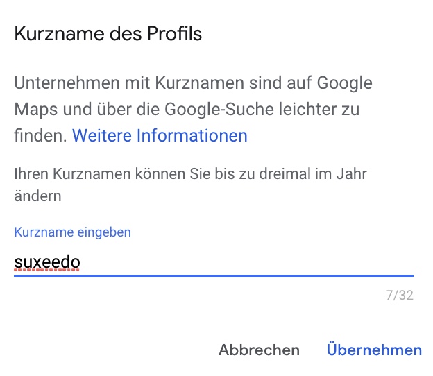 Kurzname des Profils bei Google My Business