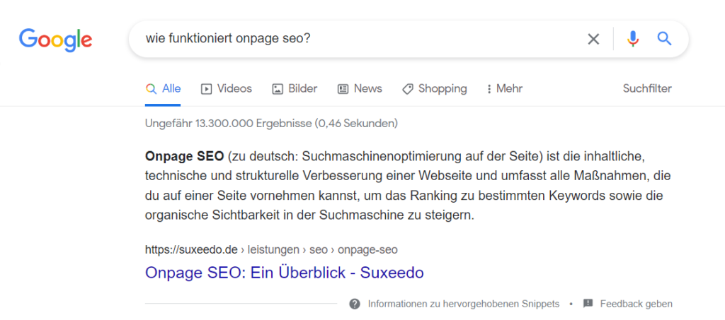 Google Suche nach der Frage Wie funktioniert onpage seo?