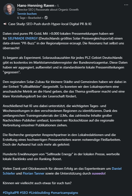 Henning Linkedin Beispiel Case Study für Selfmade Energy